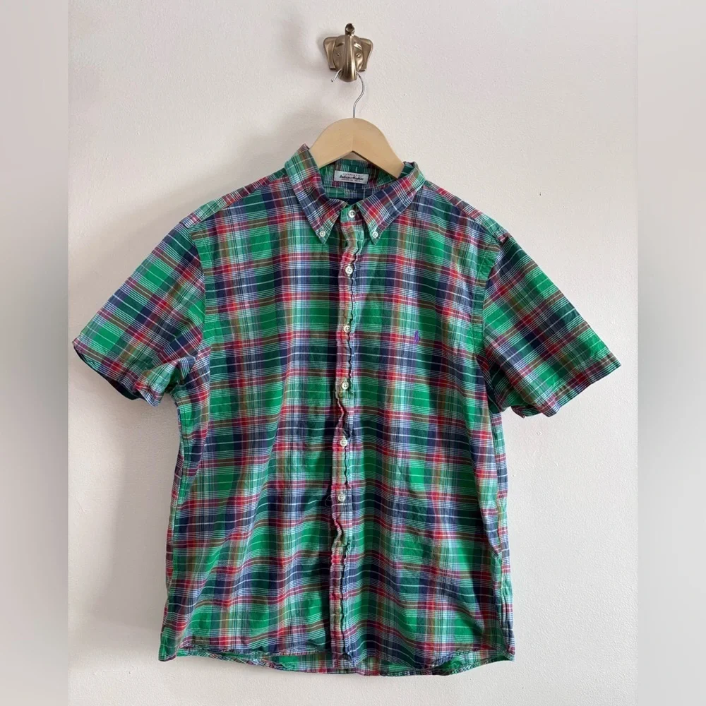 Ralph Lauren 100% Cotton Plaid Short-Sleeve‎ Button-Down Shirt Youth L
